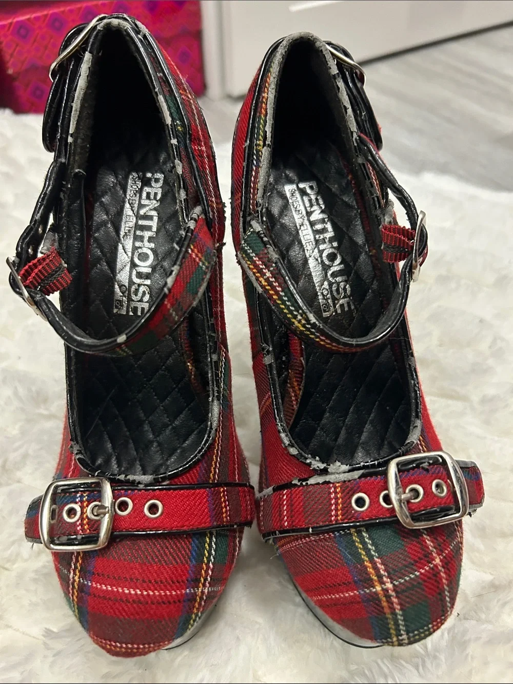Red Plaid Platform Mary Jane Heels